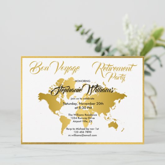 Ruhestand Party Bon Voyage Golden Border Worldmap Einladung (Stehend Vorderseite)