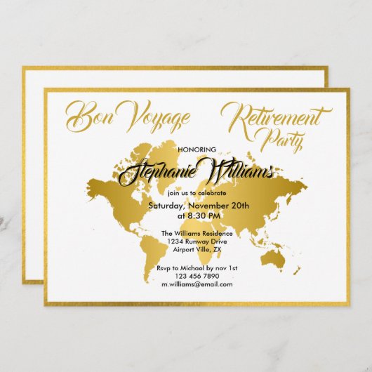 Ruhestand Party Bon Voyage Golden Border Worldmap Einladung (Vorne/Hinten)