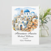 Ruhestand Party Colorful Griechenland Village Ocea Einladung (Stehend Vorderseite)