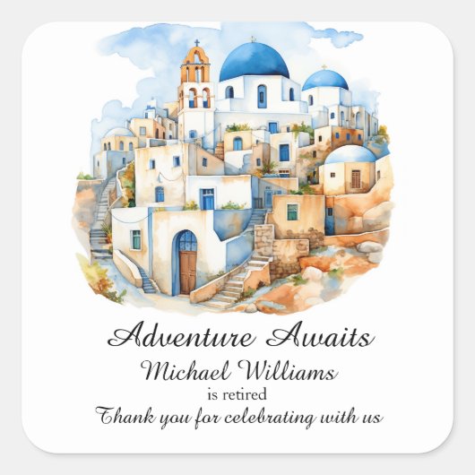 Ruhestand Party Colorful Griechenland Village Ocea Quadratischer Aufkleber (Vorderseite)