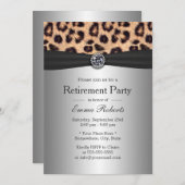 Ruhestand Party Diamond & Leopard Print Silver Einladung (Vorne/Hinten)