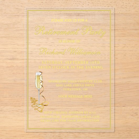 Ruhestand Party Elegant Gold Akryllische Einladung (Vorderseite)