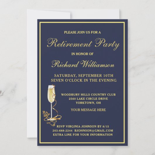 Ruhestand Party Elegante Navy Gold Einladung (Vorderseite)