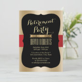 Ruhestand Party Elegante Rote Gürtel Black & Gold Einladung (Stehend Vorderseite)