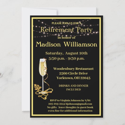 Ruhestand Party Elegantes Schwarzes Gold Einladung (Vorderseite)