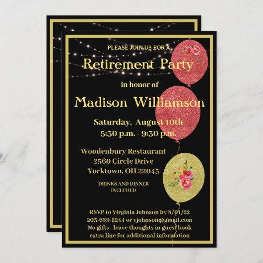 Ruhestand Party Elegantes Schwarzes Gold Einladung (Vorne/Hinten)