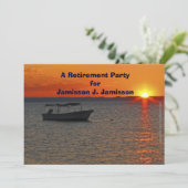 Ruhestand Party Fischerboot bei Orange Sunset Einladung (Stehend Vorderseite)