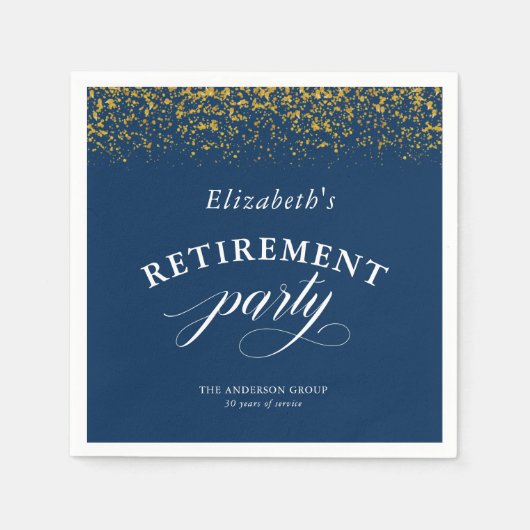 Ruhestand Party Gold Glitzer Elegantes Script blau Serviette (Vorderseite)