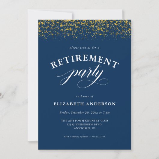 Ruhestand Party Gold Glitzer Script Blue Einladung (Vorderseite)