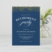 Ruhestand Party Gold Glitzer Script Blue Einladung (Stehend Vorderseite)