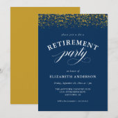 Ruhestand Party Gold Glitzer Script Blue Einladung (Vorne/Hinten)
