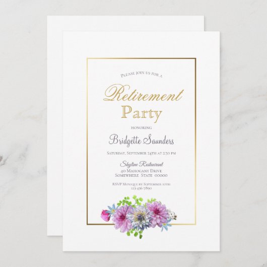 Ruhestand Party Goldgrenze mit rosa Blume Einladung (Vorne/Hinten)