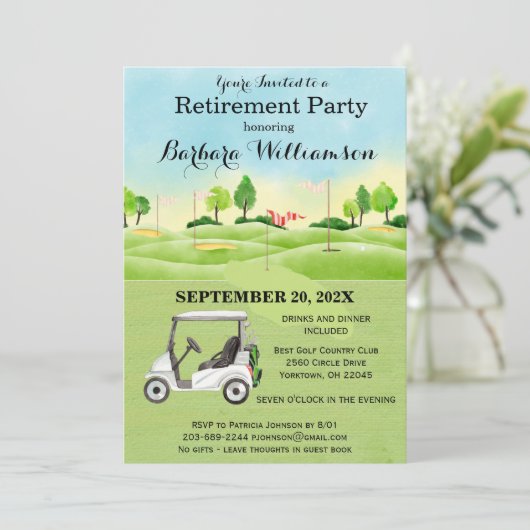 Ruhestand Party Golf Thema Einladung (Stehend Vorderseite)