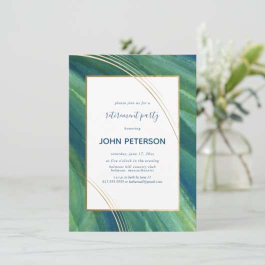 Ruhestand Party Invite Green, Navy, Gold Elegant Einladung (Stehend Vorderseite)
