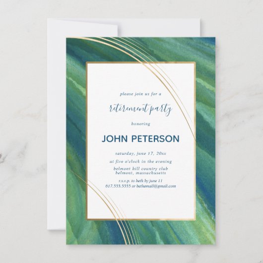 Ruhestand Party Invite Green, Navy, Gold Elegant Einladung (Vorderseite)