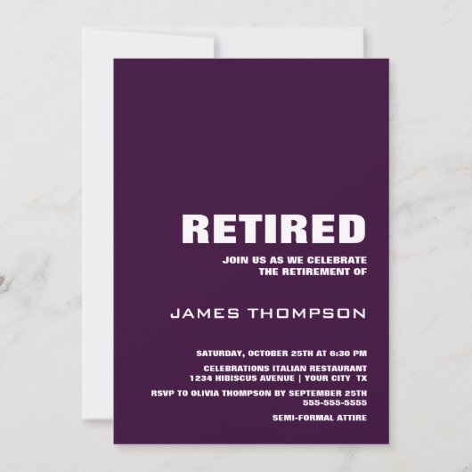 Ruhestand Party Modernes, einfaches Mulberry und W Einladung (Vorderseite)