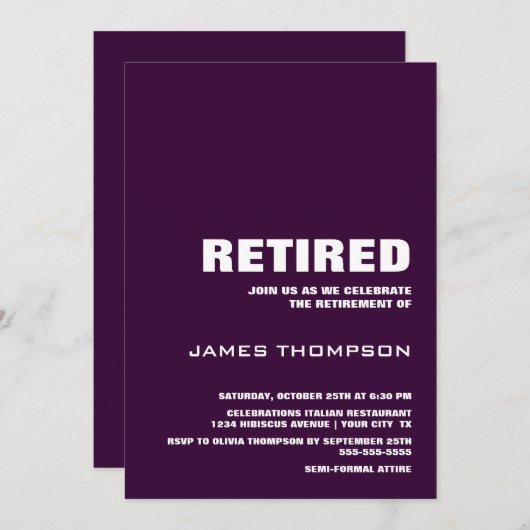 Ruhestand Party Modernes, einfaches Mulberry und W Einladung (Vorne/Hinten)