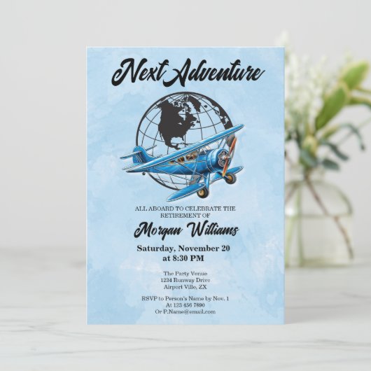 Ruhestand Party Nächstes Adventure Travel Flugzeug Einladung (Stehend Vorderseite)