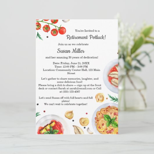 Ruhestand Party Potluck Einladung (Stehend Vorderseite)