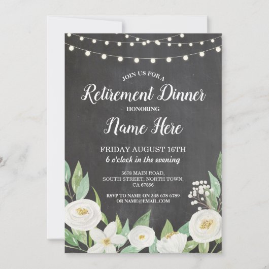 Ruhestand Party Reifenhalde Weiße Blume Einladung (Vorderseite)