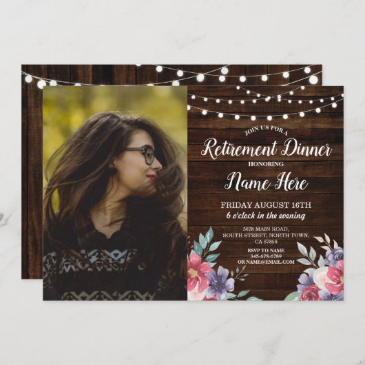 Ruhestand Party Remüde Holz Rosa Blume Foto Einladung (Vorne/Hinten)