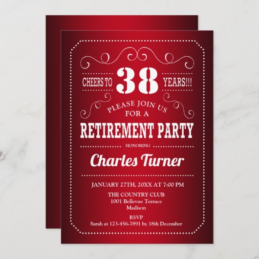 Ruhestand Party - Rot weiß Einladung (Vorne/Hinten)