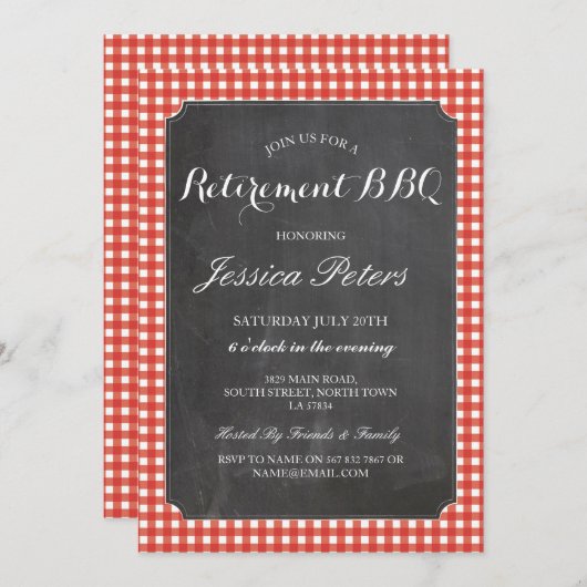 Ruhestand Party Roter Karo Rustikale Kalk GRILLEN Einladung (Vorne/Hinten)