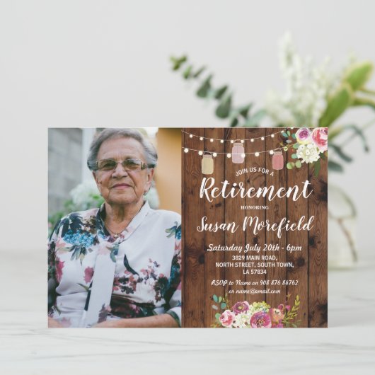 Ruhestand Party Rustic Jars Wood Floral Foto Einladung (Stehend Vorderseite)