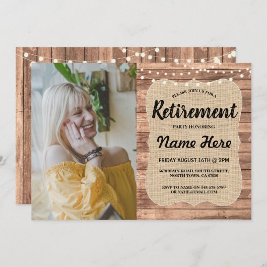 Ruhestand Party Rustic Remüde Wood Burlap Foto Einladung (Vorne/Hinten)