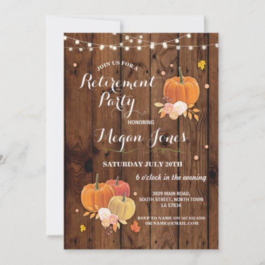 Ruhestand Party Rustic Wood Pumpkin Invite Lights Einladung (Vorderseite)