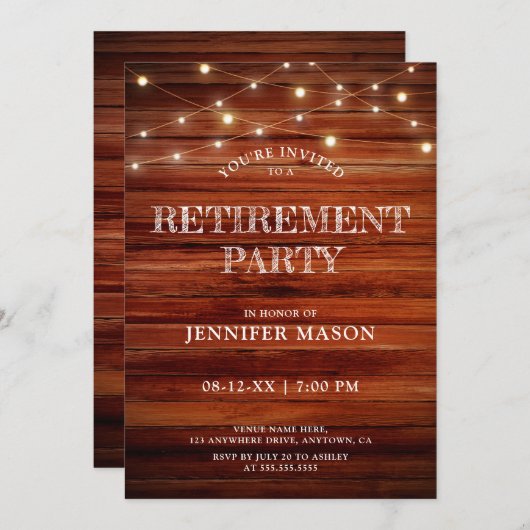 Ruhestand Party Rustic Woods String Lights Einfach Einladung (Vorne/Hinten)