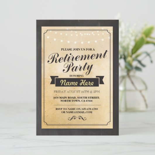 Ruhestand Party Rustikale Lights Einladung (Stehend Vorderseite)