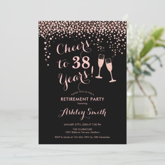 Ruhestand Party - Schwarze Rose Gold Einladung (Stehend Vorderseite)