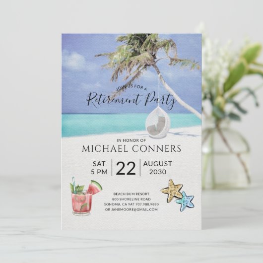 Ruhestand Party Tropical Beach Einladung (Stehend Vorderseite)