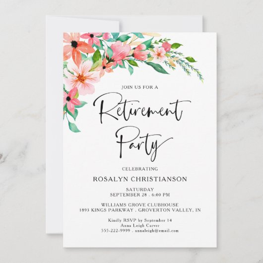 Ruhestand Party Tropical Floral Modernes Skript (Vorderseite)