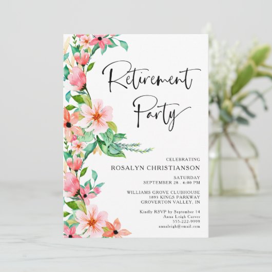 Ruhestand Party Tropical Floral Script (Stehend Vorderseite)