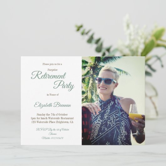 Ruhestand Party Tropical Palm Leopard Foto Einladung (Stehend Vorderseite)