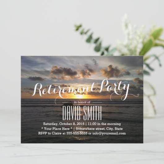 Ruhestand Party Tropical Sunset Beach Einladung (Stehend Vorderseite)