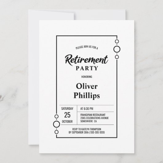 Ruhestand Party Weiß mit Schwarz-Rahmen-Party Einladung (Vorderseite)