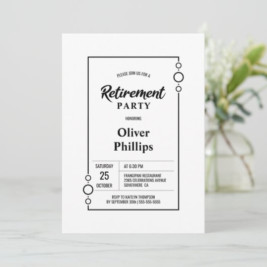 Ruhestand Party Weiß mit Schwarz-Rahmen-Party Einladung (Stehend Vorderseite)