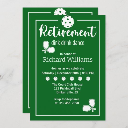 Ruhestand Pickleball Paddles Elegantes Grün Einladung (Vorne/Hinten)