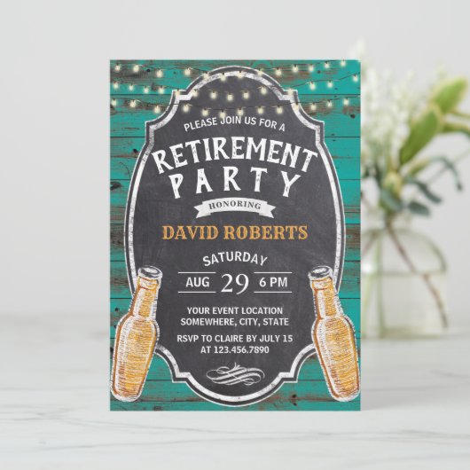 Ruhestand Rustikales Aquamarines Barnbier-Party Einladung (Stehend Vorderseite)
