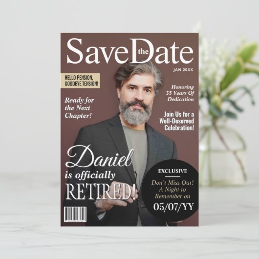 Ruhestand Save the Date Modernes Magazin Einladung (Stehend Vorderseite)