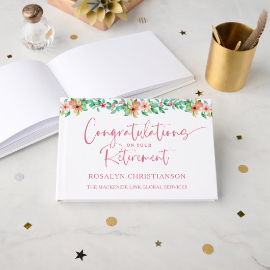 Ruhestand Tropical Floral Pink Script Glückwunschs Gästebuch (Vorderseite Offen)