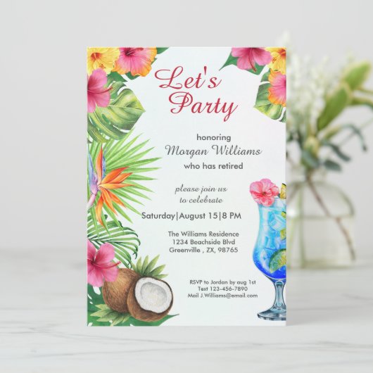 Ruhestand Tropical Summer Dine & Cocktail Party Einladung (Stehend Vorderseite)