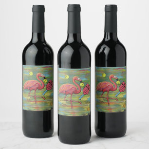 Ruhestandflamingo beim Pickleballspiel Aquarell Weinetikett
