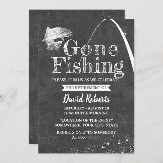 Ruheständlicher Gone Fischen Rustikale Chalkboard Einladung (Vorne/Hinten)