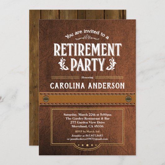 Ruhestands-Party Einladung. Nobles Imitatleder Einladung (Vorne/Hinten)