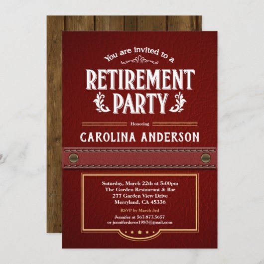 Ruhestands-Party Einladung. Nobles Imitatleder Einladung (Vorne/Hinten)