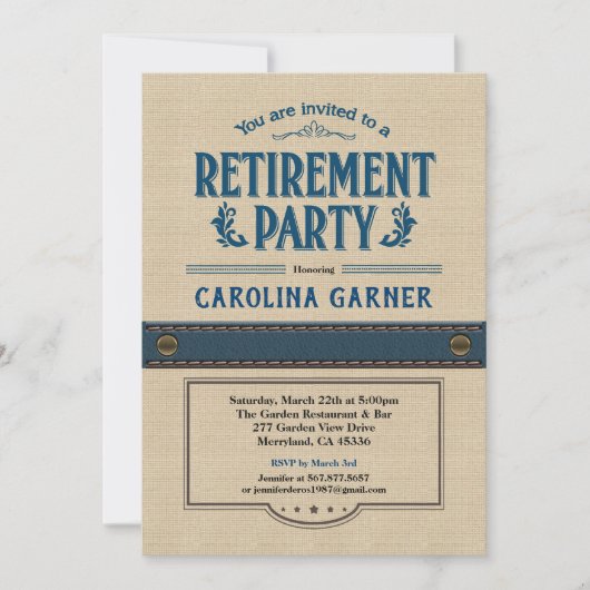 Ruhestands-Party Einladung. Nobles Leinwandleinen Einladung (Vorderseite)